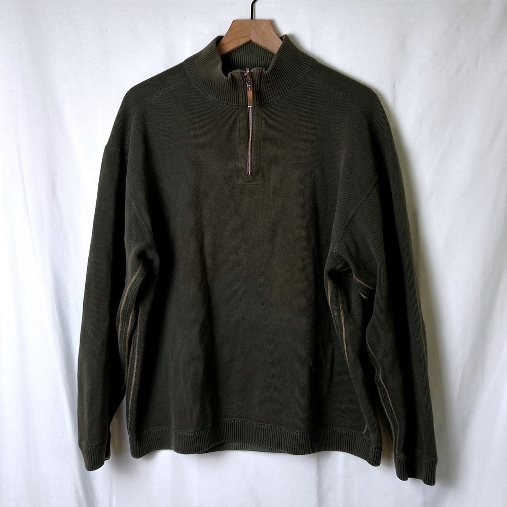 Hathaway Mens Cotton Quarter Zip Mock Neck Pullover Sweater Size L Olive Green